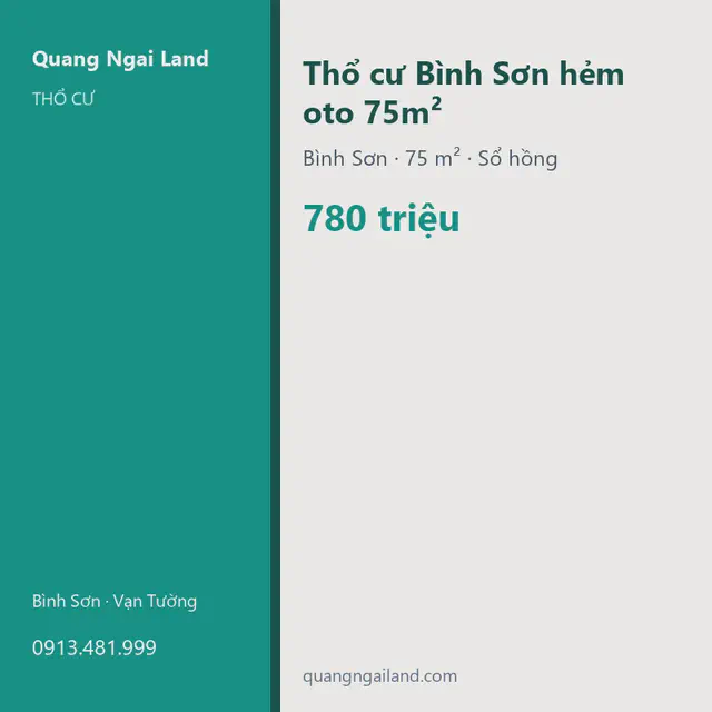 Thổ cư Bình Sơn hẻm oto 75m² - Thổ cư, Quảng Ngãi